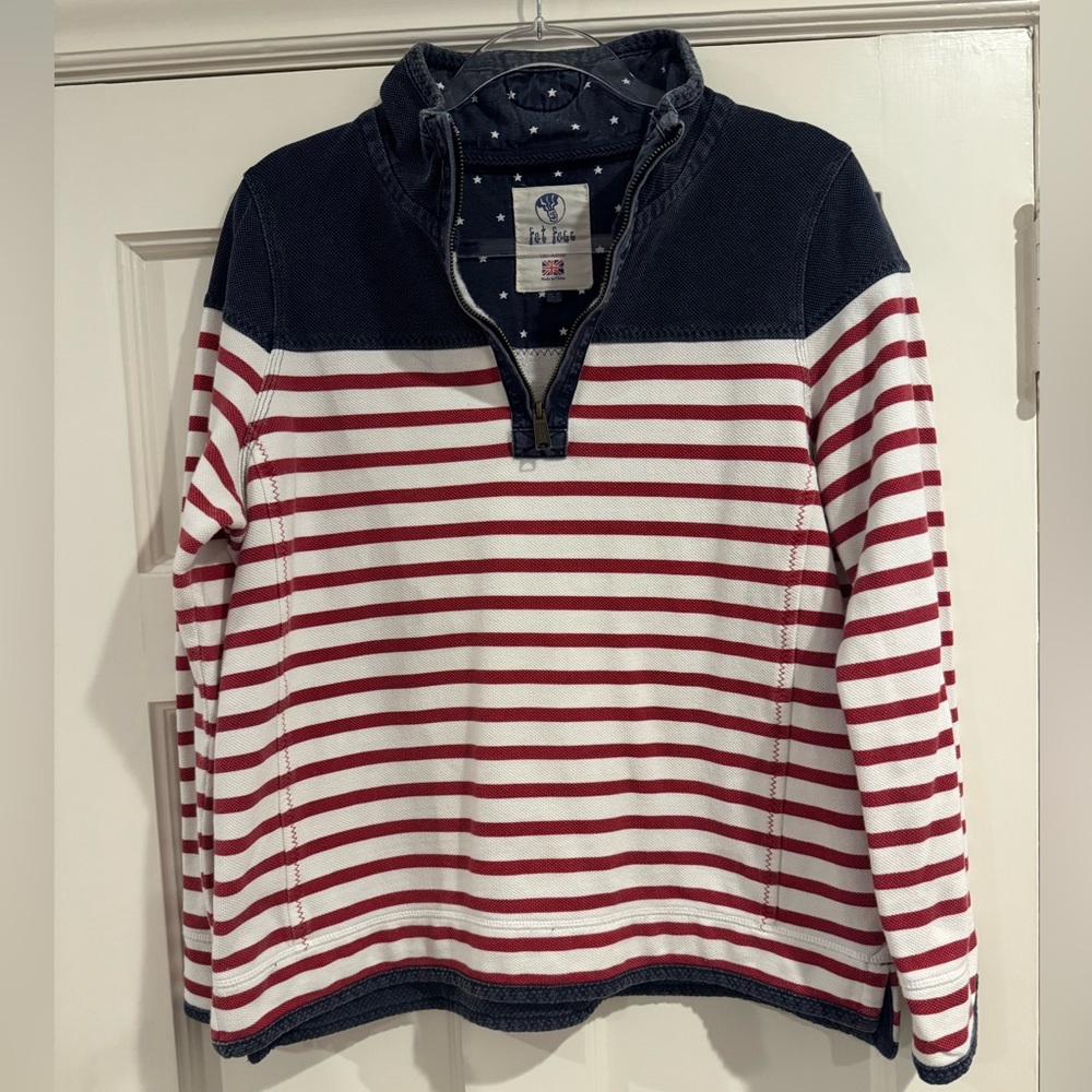 Fat Face Women's Navy and Red Striped Zip Up Sweater